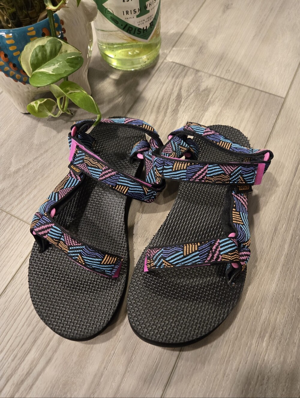 Teva Women's Black Sandals with Blue, Pink and Orange Patterned Straps